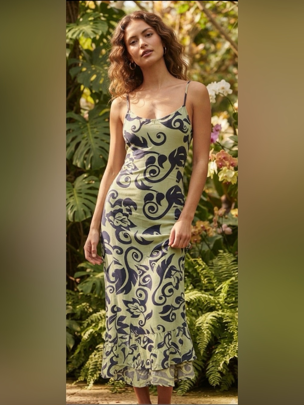 Vintage 90s Me-Too Hawaiian Rayon Scroll Print Slip Dress Midi Lime Green M